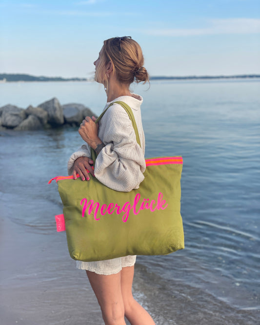 XL Canvas Shopper Strandtasche oliv MEER Glück