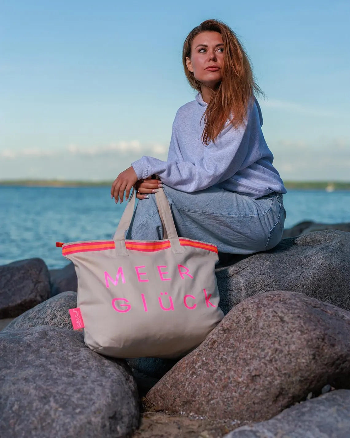 XL Canvas Shopper Strandtasche beige MEER Glück