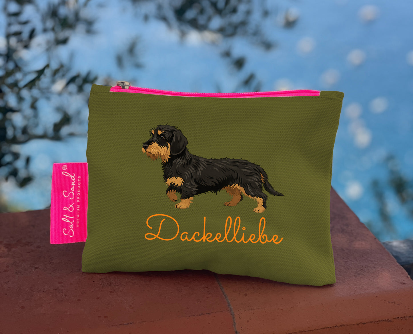 Kosmetiktasche aus Baumwoll Canvas l oliv Dackelliebe Rauhaardackel