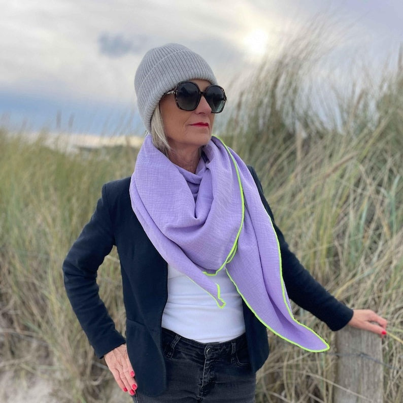 Musselin Tuch Damen l Lavendel mit Neon Gelb