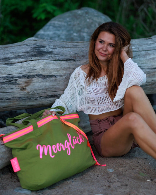 XL Canvas Shopper Strandtasche oliv MEER Glück