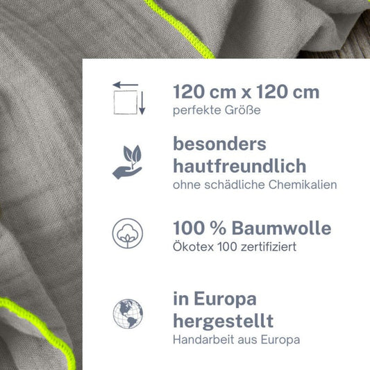 Musselin Tuch Damen l Grau mit Neon Gelb