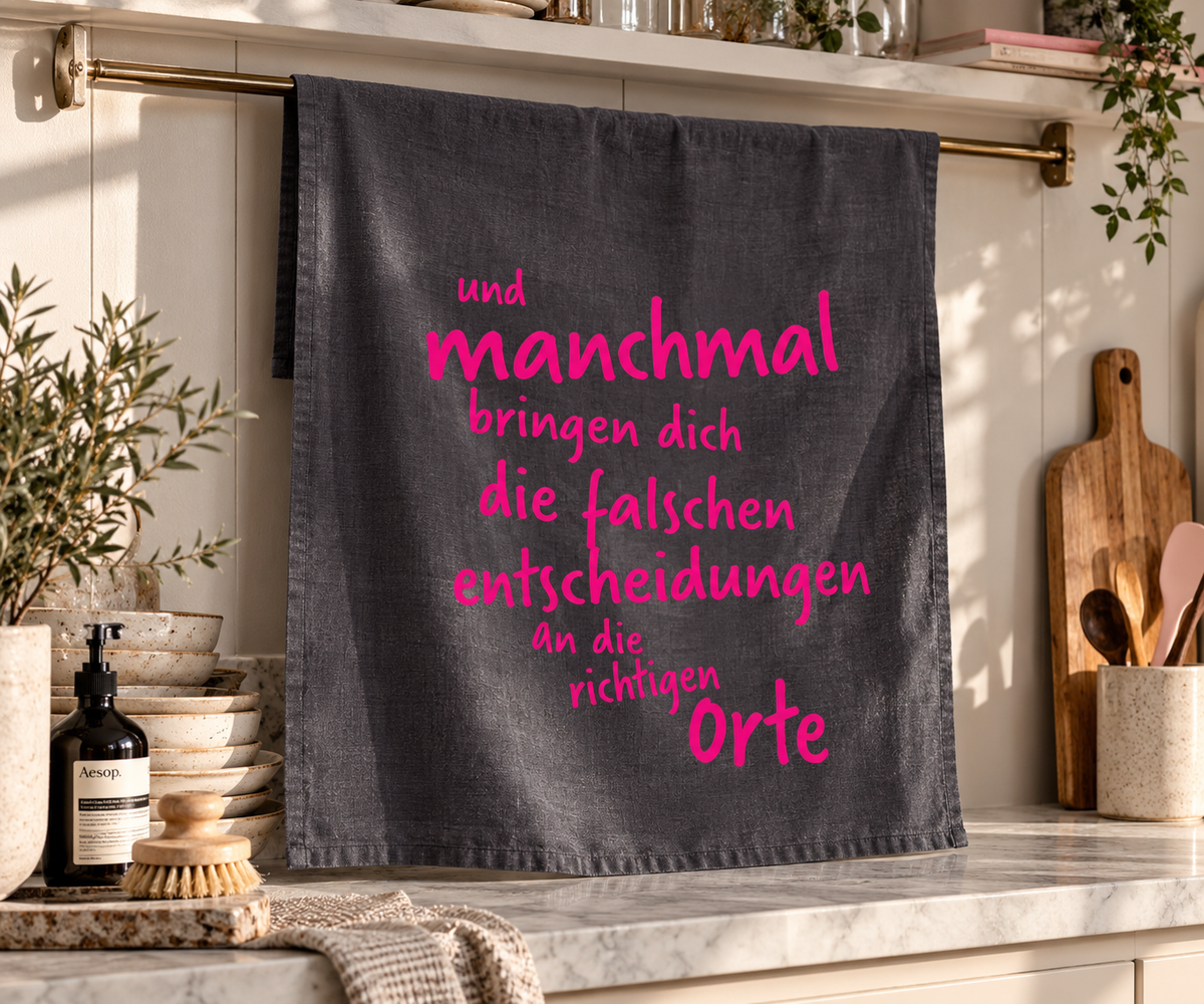 Geschirrtuch Entscheidungen – Grau mit pinkem Spruch
