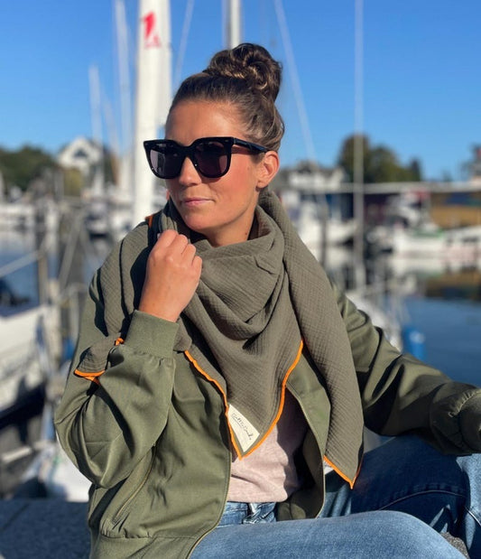 Musselin Tuch Damen l Oliv mit Neon Orange