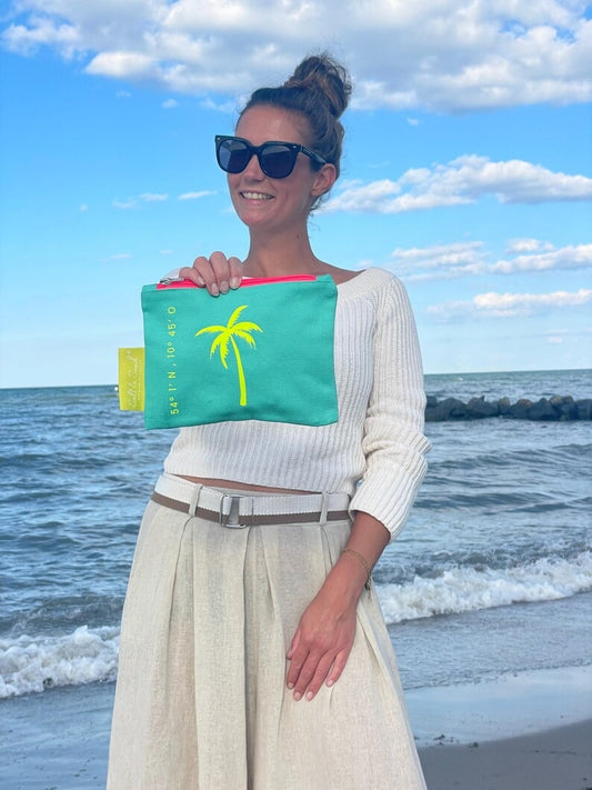 Kosmetiktasche aus Baumwoll Canvas l Türkis Palme