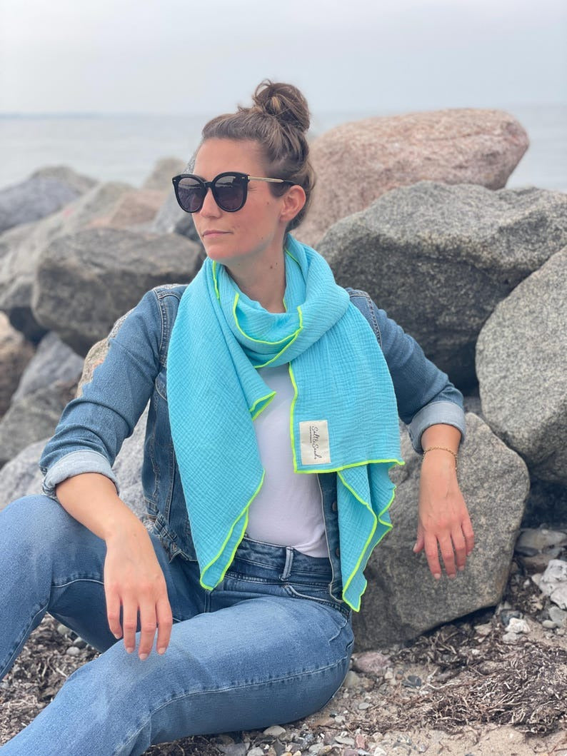 Musselin Schal Damen l Türkis mit Neon Gelb