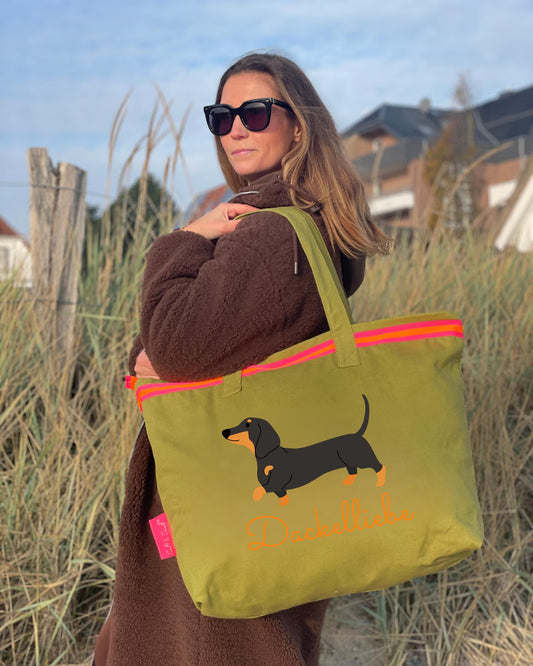 XL Canvas Shopper Strandtasche oliv Dackelliebe