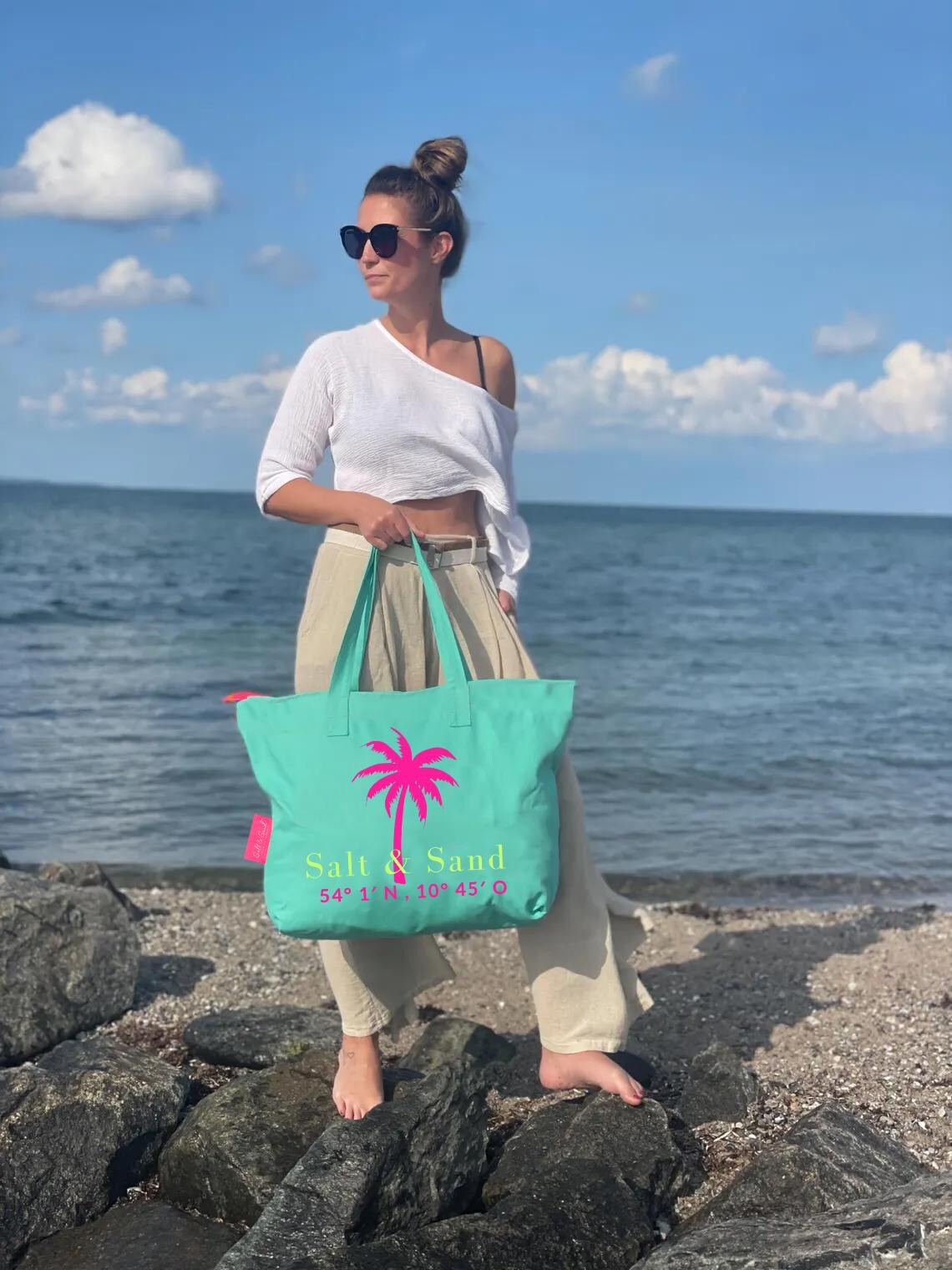 XL Canvas Shopper Strandtasche türkis Palme