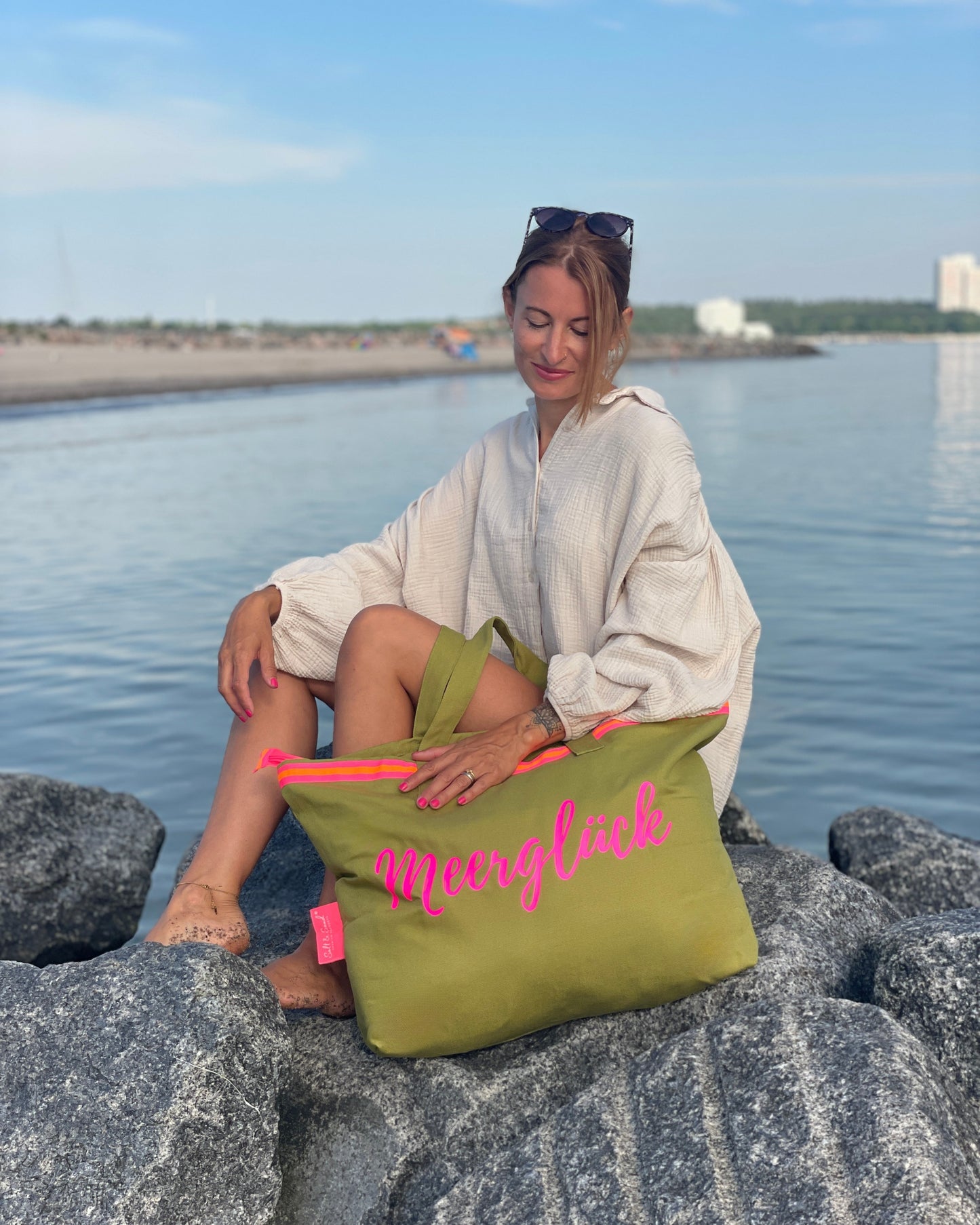 XL Canvas Shopper Strandtasche oliv MEER Glück