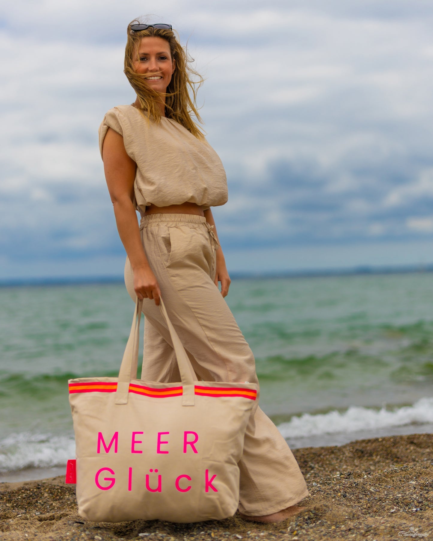 XL Canvas Shopper Strandtasche beige MEER Glück
