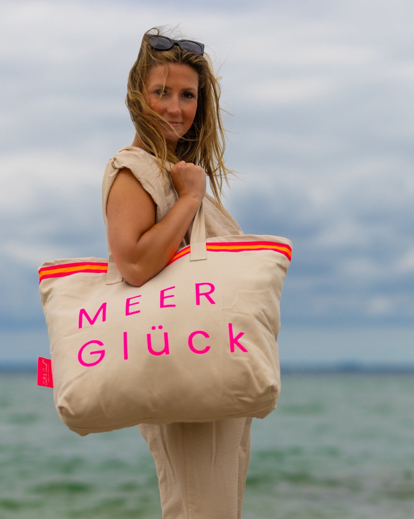 XL Canvas Shopper Strandtasche beige MEER Glück