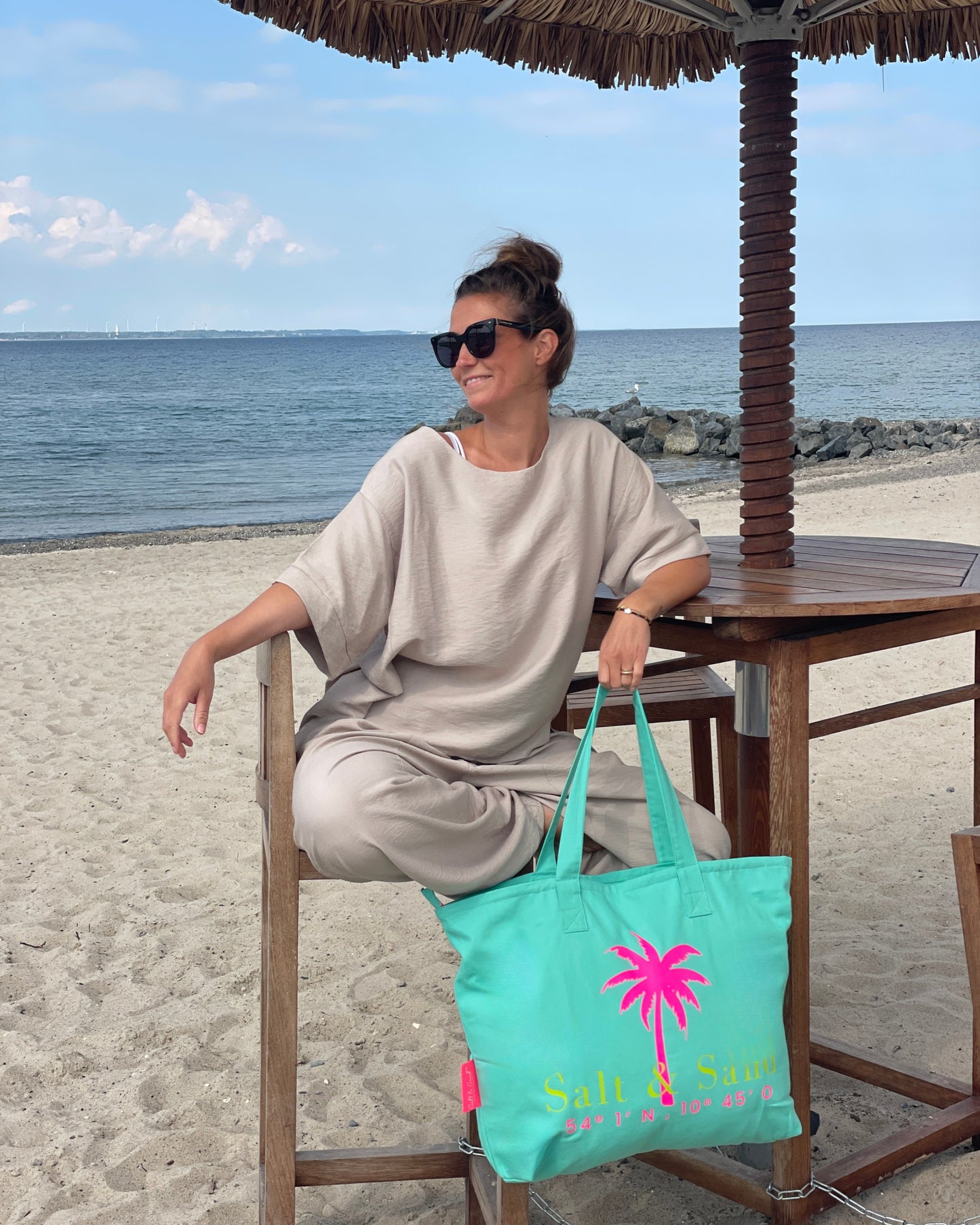 XL Canvas Shopper Strandtasche türkis Palme