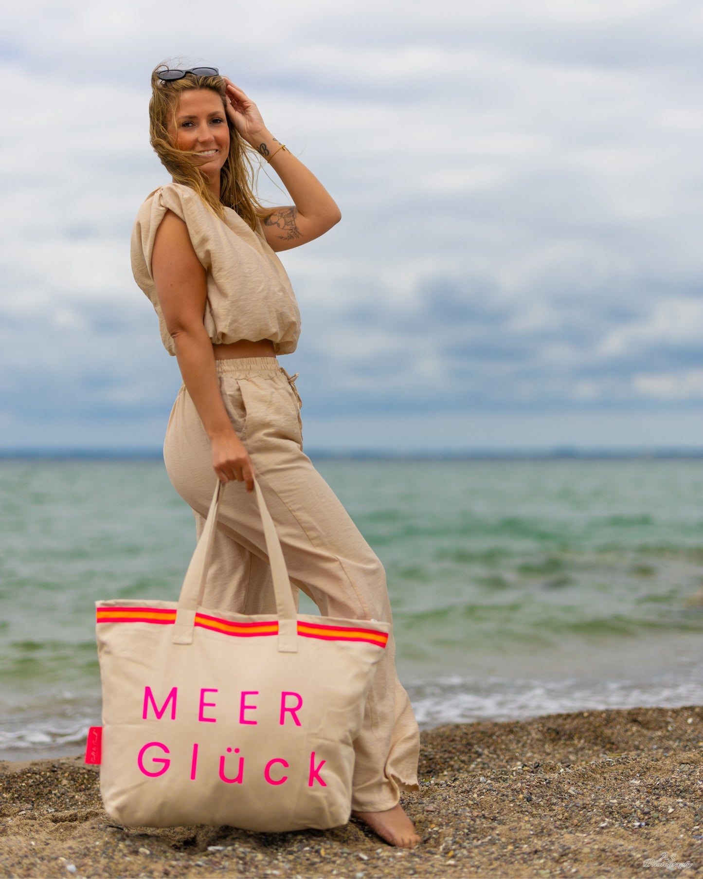 XL Canvas Shopper Strandtasche beige MEER Glück