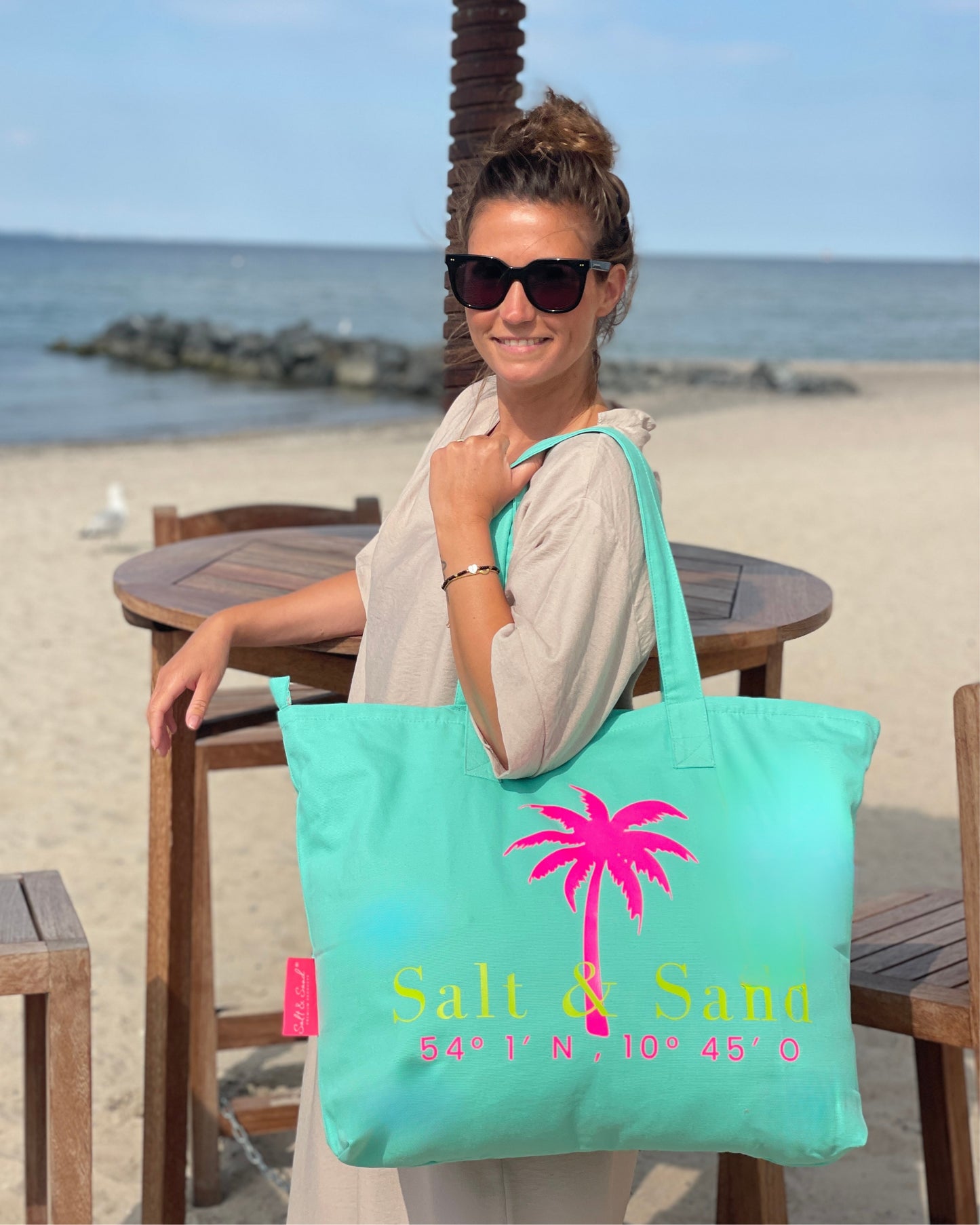 XL Canvas Shopper Strandtasche türkis Palme