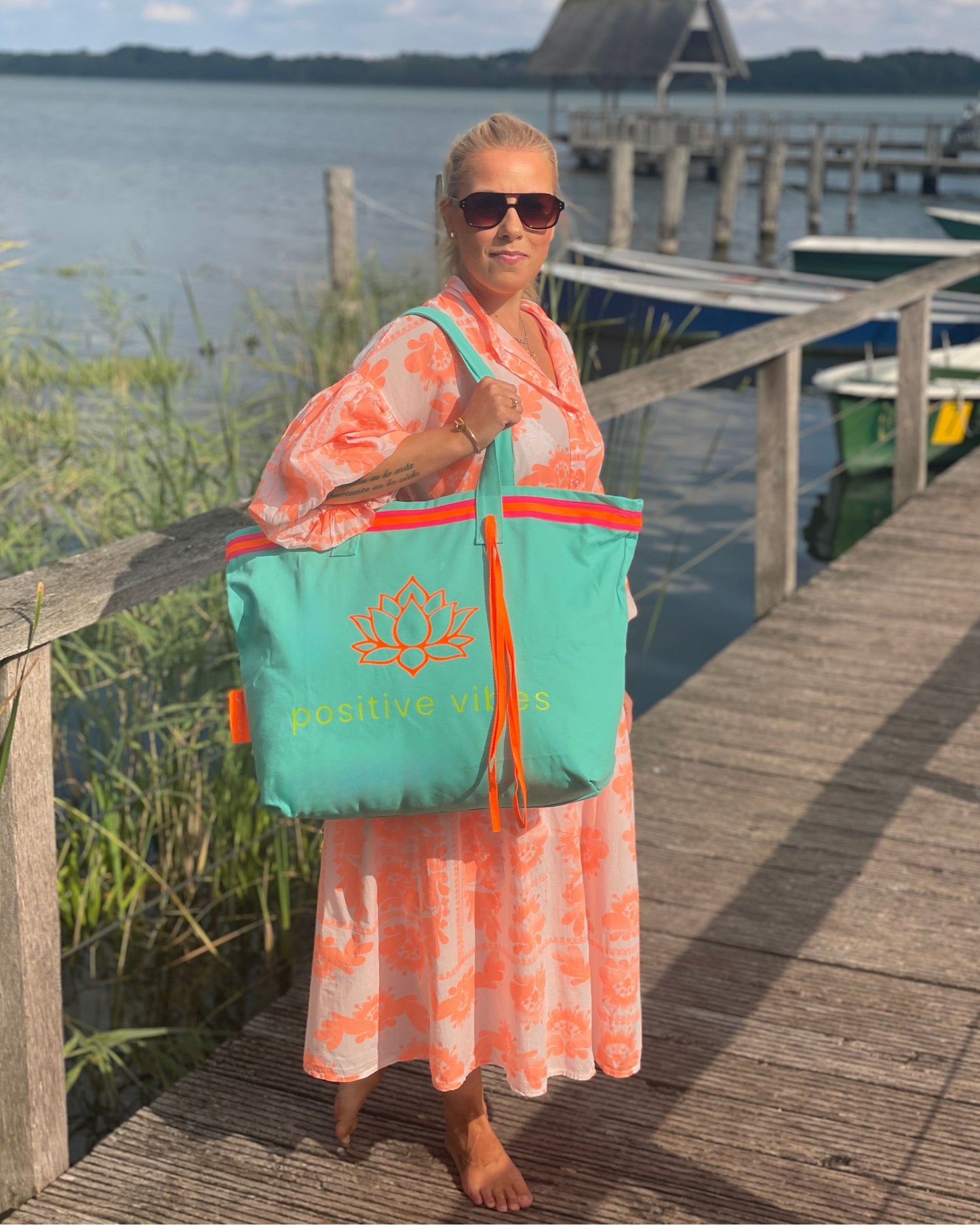 XL Canvas Shopper Strandtasche türkis Positive Vibes