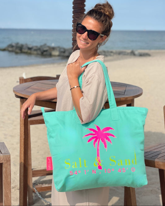 XL Canvas Shopper Strandtasche türkis Palme