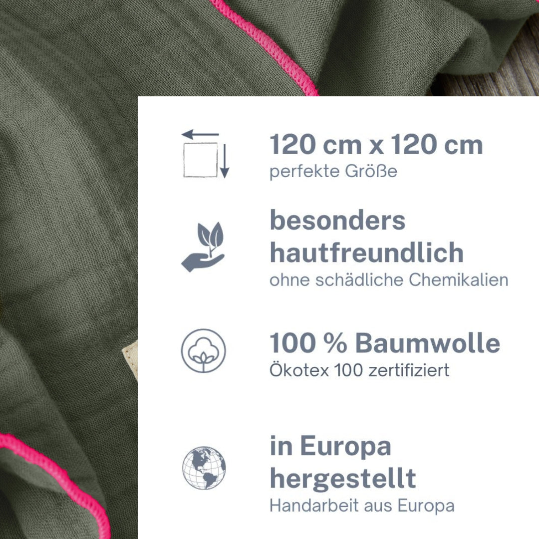 Musselin Tuch Damen l Oliv mit Neon Pink