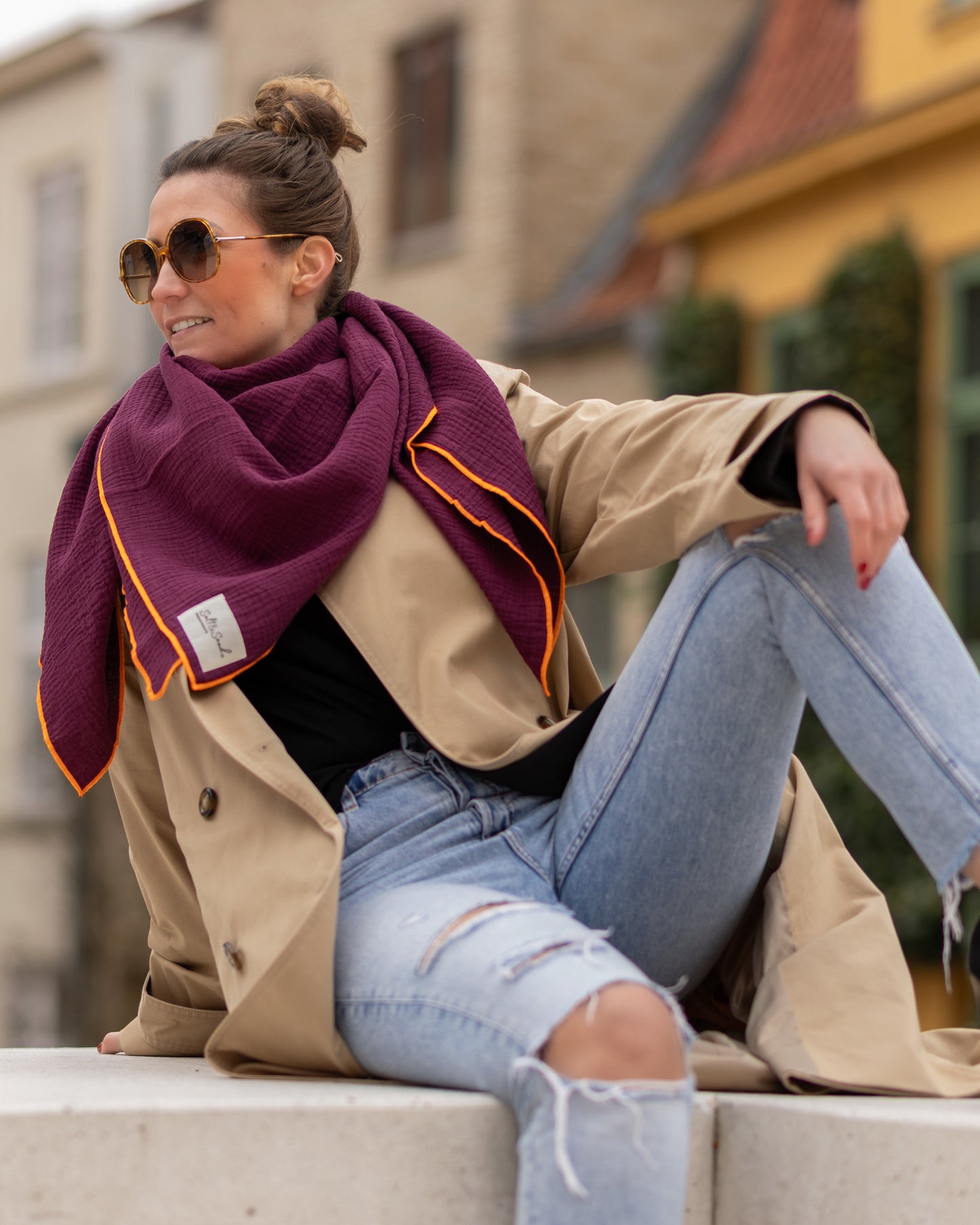 Musselin Tuch Damen l Bordeaux mit orange