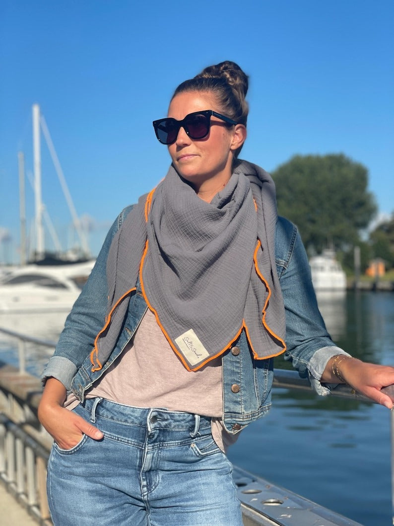 Musselin Tuch Damen l Antrazith mit Neon Orange