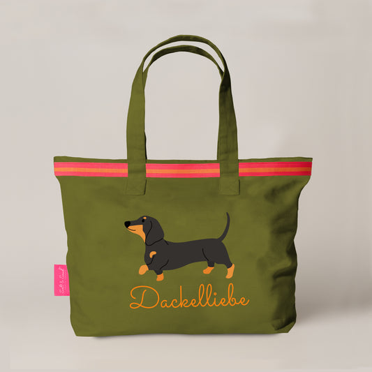 XL Canvas Shopper Strandtasche oliv Dackelliebe