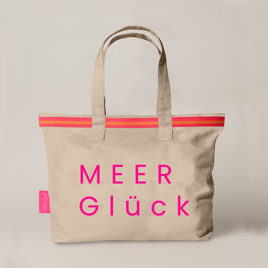 XL Canvas Shopper Strandtasche beige MEER Glück