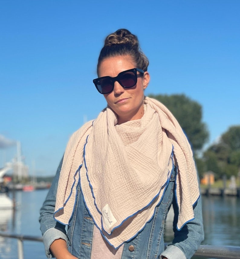 Musselin Tuch Damen l Beige mit Blau