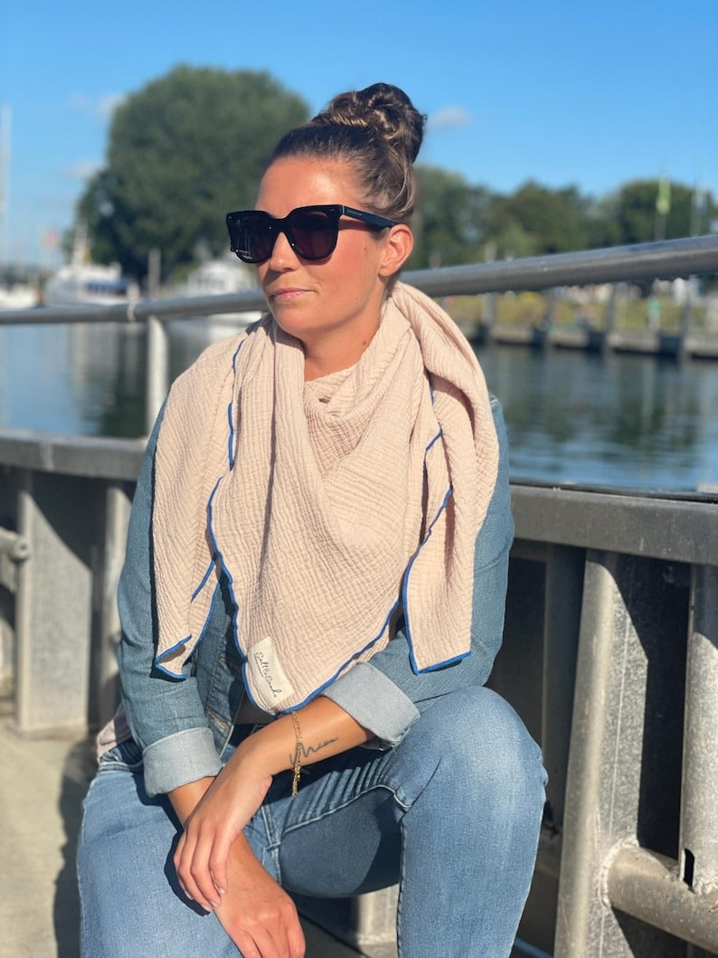 Musselin Tuch Damen l Beige mit Blau