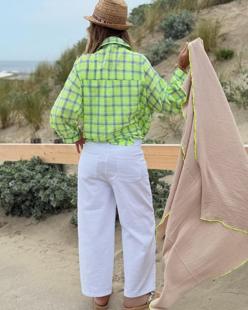 Musselin Tuch Damen l Beige mit Neon Gelb