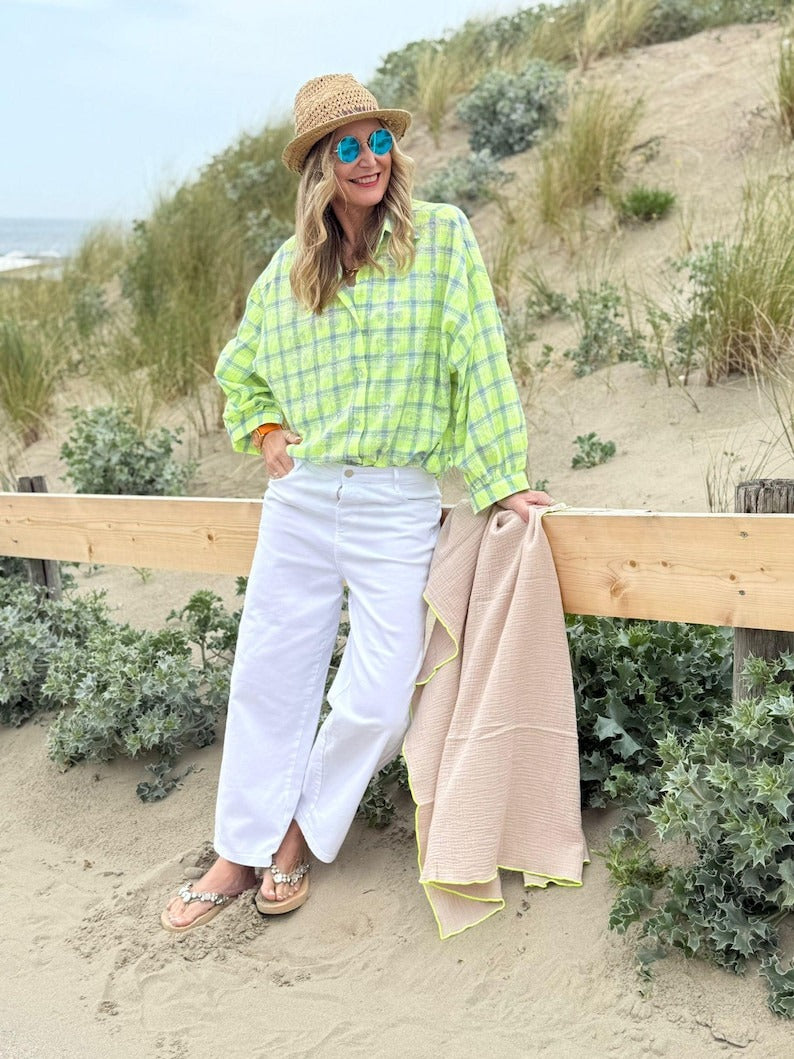 Musselin Tuch Damen l Beige mit Neon Gelb