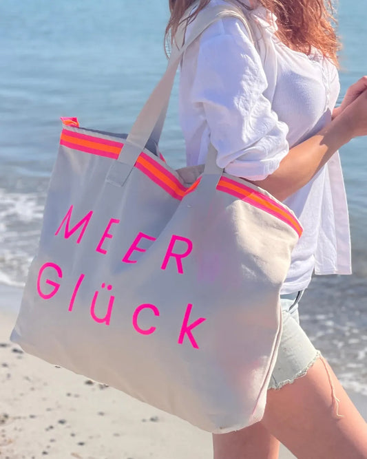 XL Canvas Shopper Strandtasche beige MEER Glück