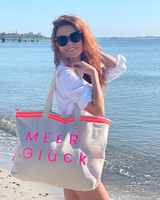 XL Canvas Shopper Strandtasche beige MEER Glück