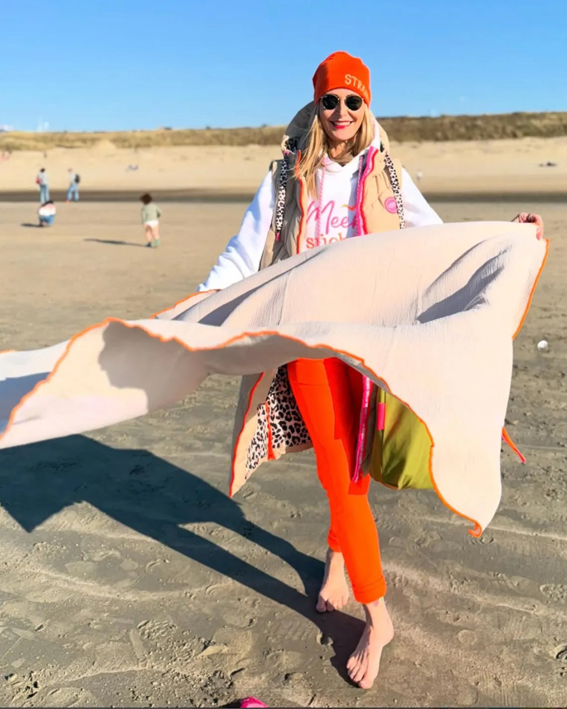 Musselin Tuch Damen l Beige mit Neon Orange