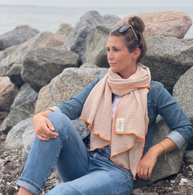 Musselin Schal Damen l Beige mit Neon Orange