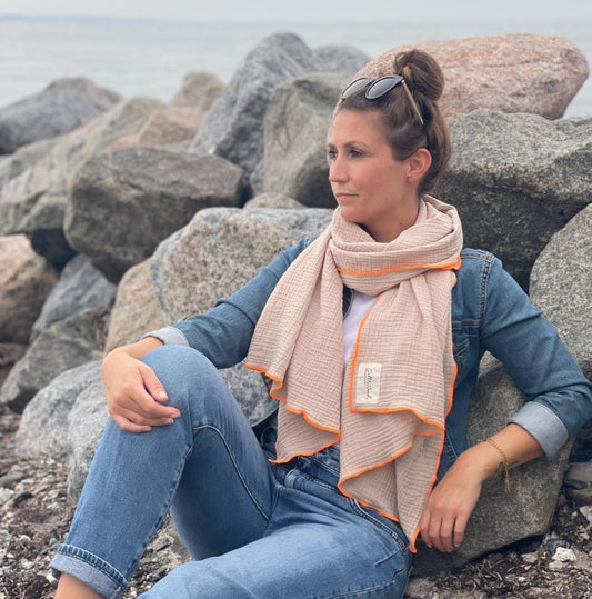 Musselin Schal Damen l Beige mit Neon Orange