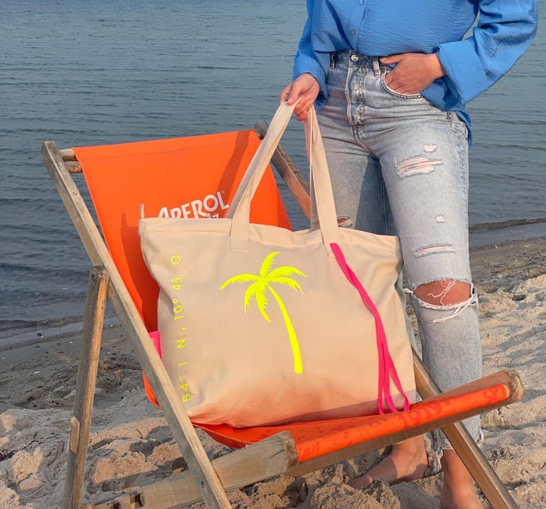 XL Canvas Shopper Strandtasche beige Palme