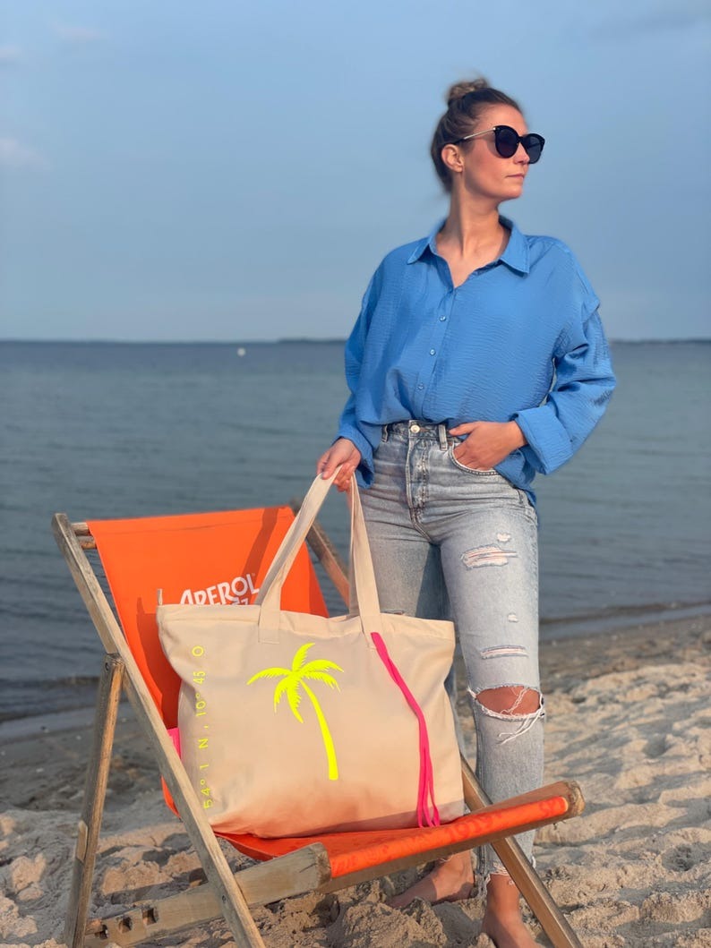 XL Canvas Shopper Strandtasche beige Palme