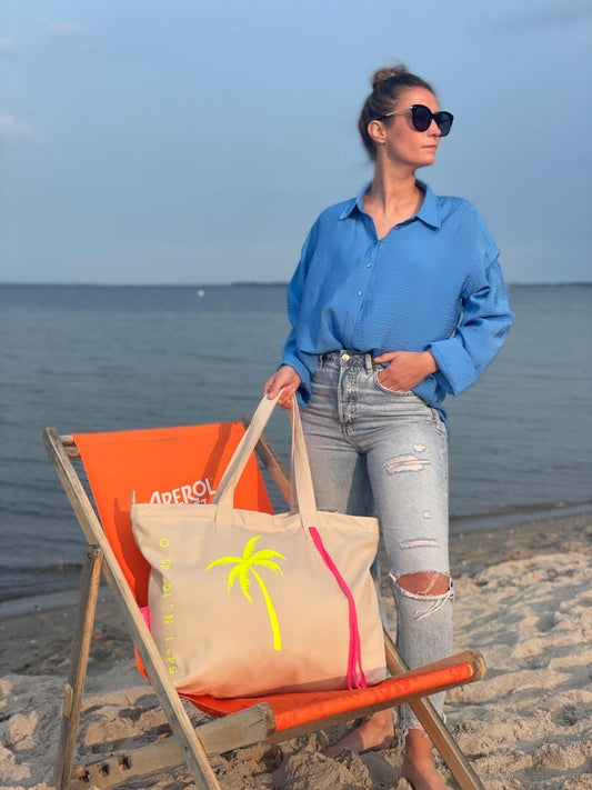 XL Canvas Shopper Strandtasche beige Palme