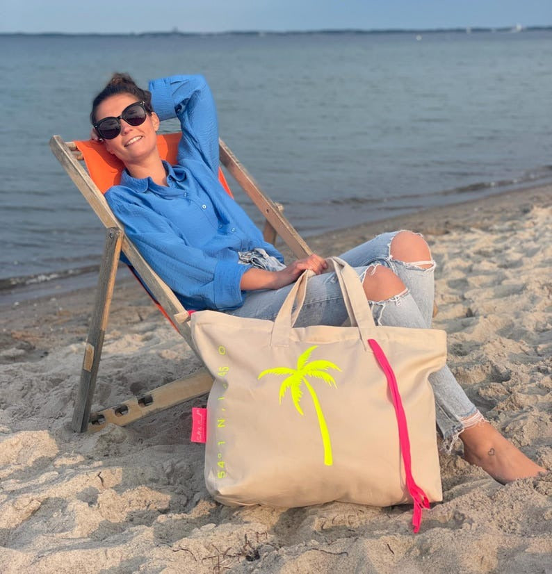 XL Canvas Shopper Strandtasche beige Palme