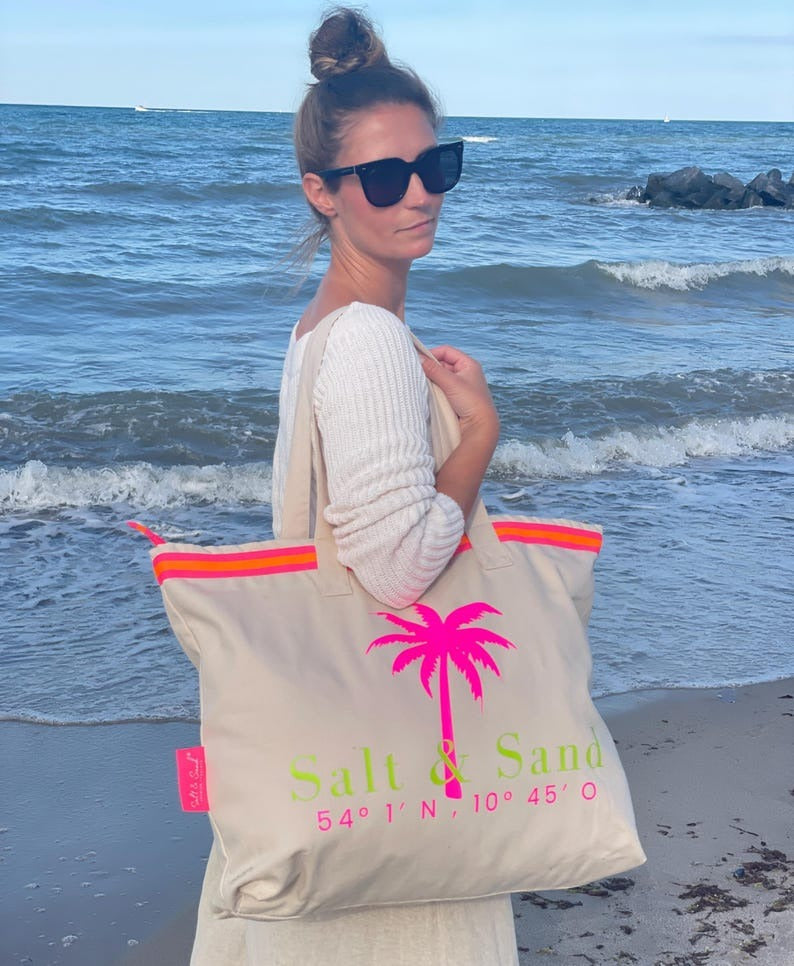 XL Canvas Shopper Strandtasche beige Palme