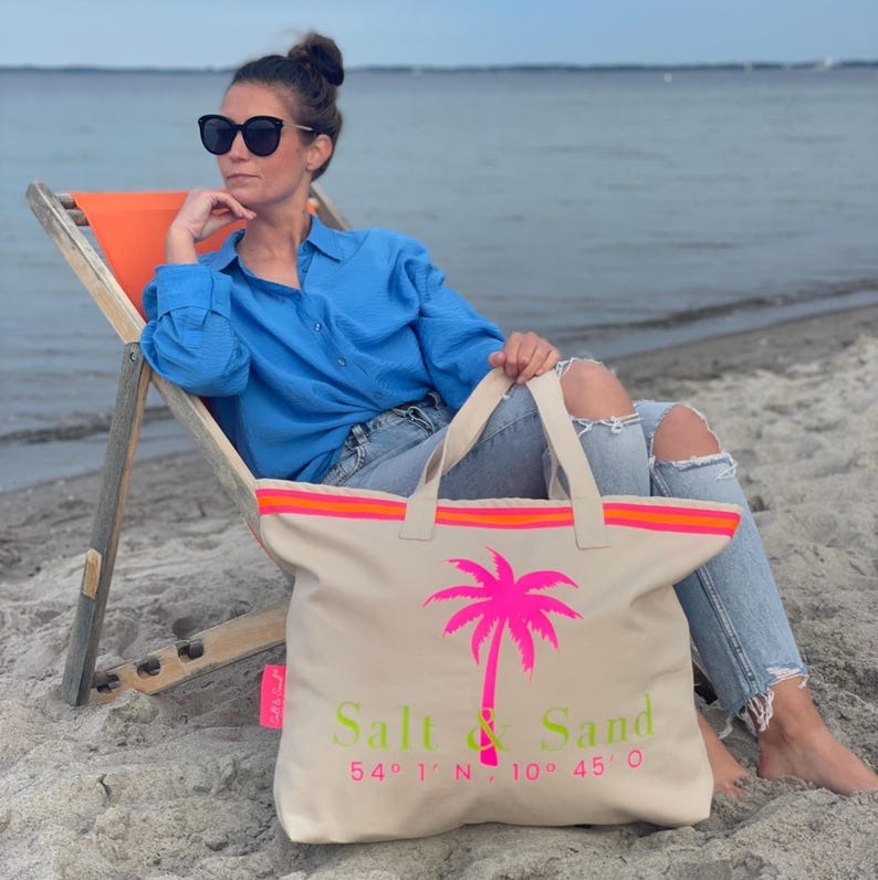 XL Canvas Shopper Strandtasche beige Palme