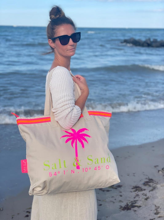 XL Canvas Shopper Strandtasche beige Palme