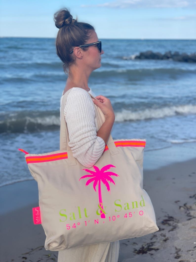 XL Canvas Shopper Strandtasche beige Palme