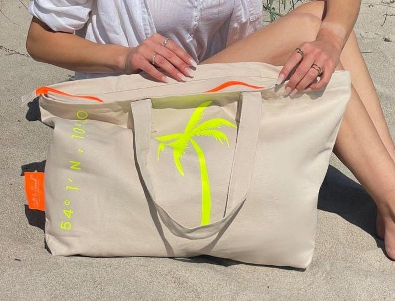 XL Canvas Shopper Strandtasche beige Palme