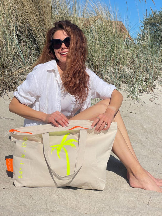 XL Canvas Shopper Strandtasche beige Palme