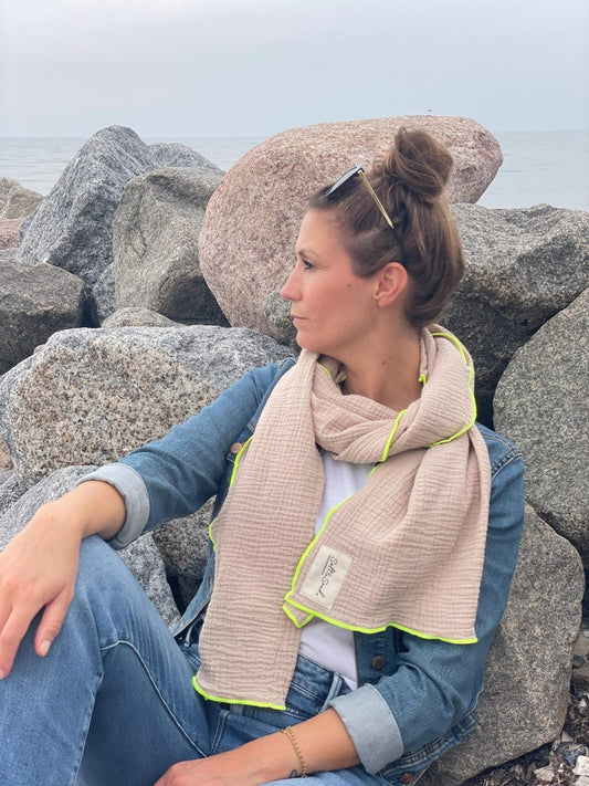 Musselin Schal Damen l Beige mit Neon Gelb