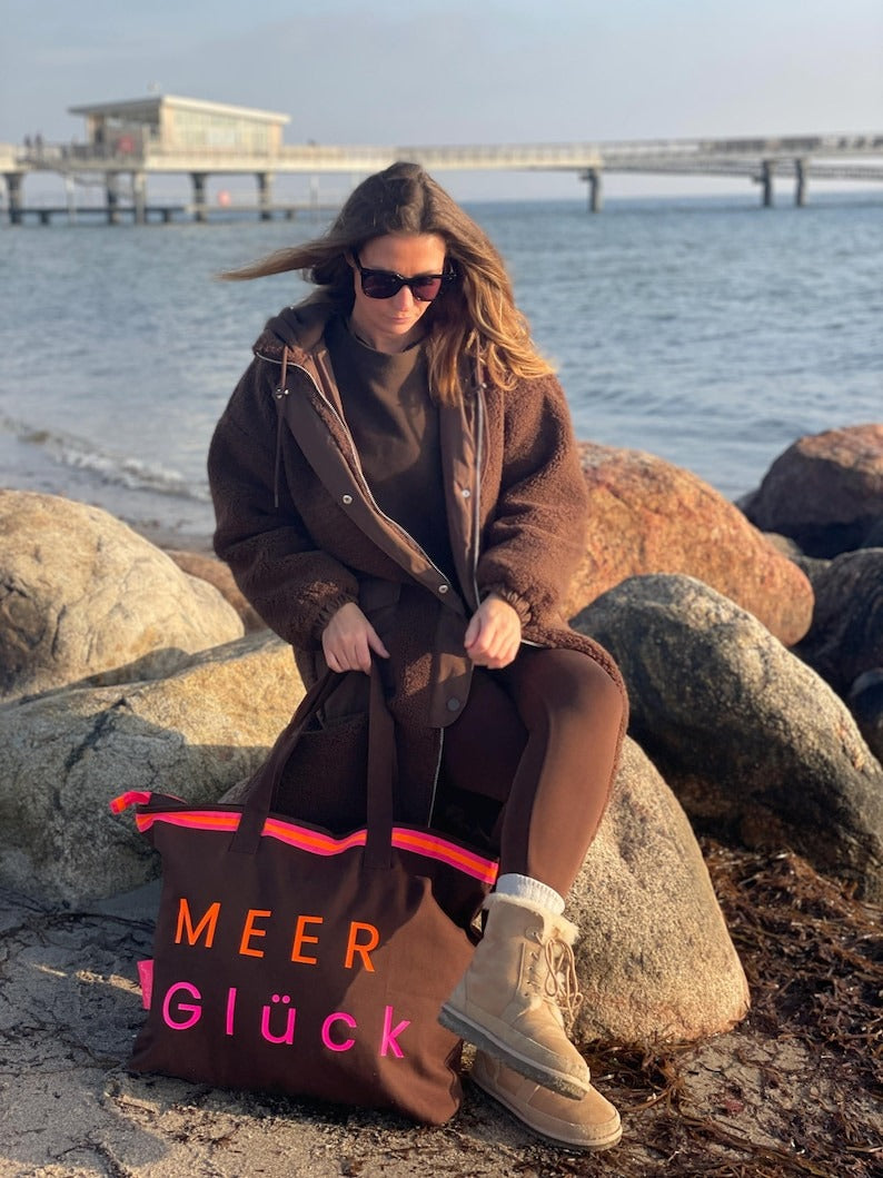 XL Canvas Shopper Strandtasche braun MEER Glück
