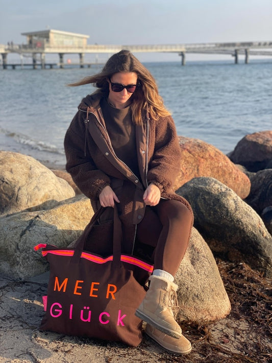 XL Canvas Shopper Strandtasche braun MEER Glück