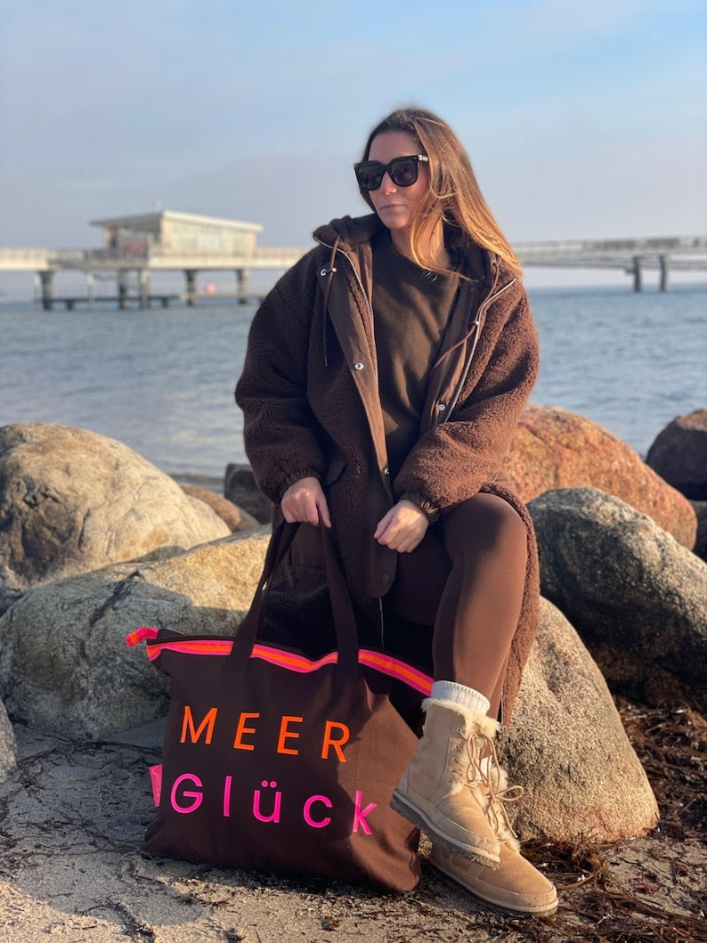 XL Canvas Shopper Strandtasche braun MEER Glück