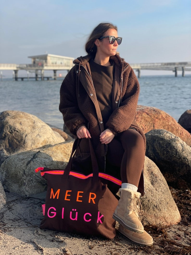 XL Canvas Shopper Strandtasche braun MEER Glück