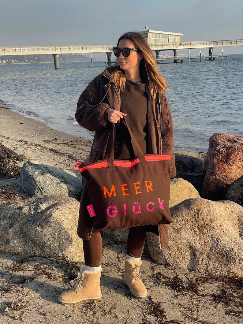 XL Canvas Shopper Strandtasche braun MEER Glück